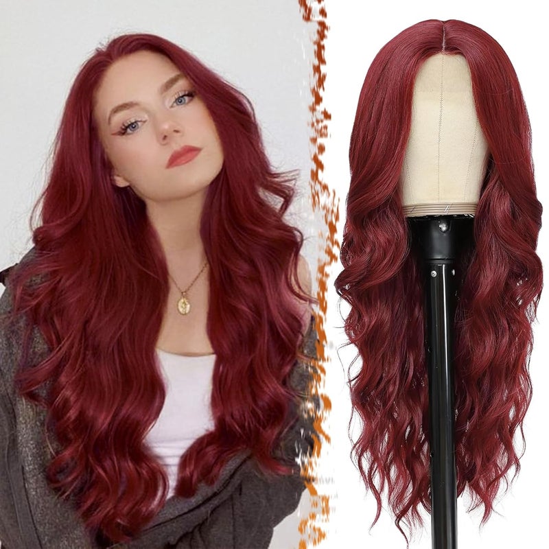 BARSDAR بارسدار باروكة حمراء مموجة طويلة 26 بوصة باروكة وسطية مموجة للنساء باروكة بديلة من شعر صناعي مقاوم للحرارة للحفلات اليومية وهالوين