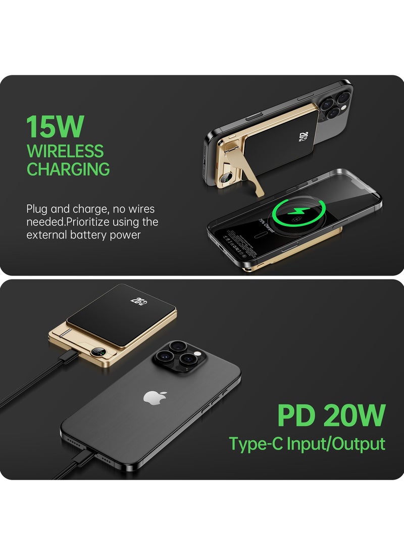 Ultra-Slim 10000mAh Power Bank,Qi2 Certified 15W Ultra-Fast MagSafe-Compatible Portable Charger,PD 20W 10000mAh Battery Pack with Smart Display and Foldable Stand, For iPhone 16/15/14/13/12 Series,AirPods,iwatch and More(USB-C Cable Include)