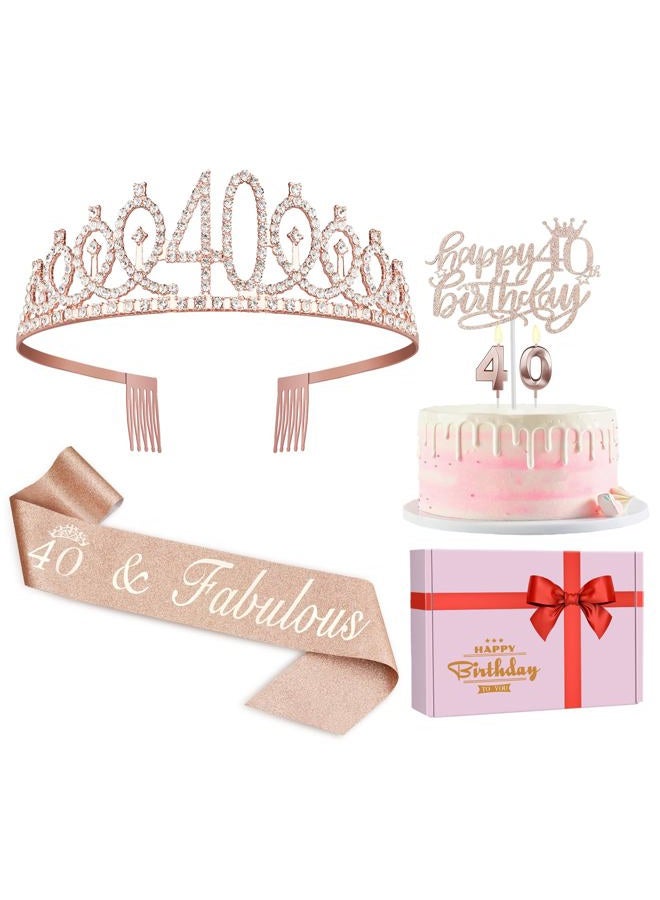 Juesly 40th Birthday Gifts for Women, Including 40th Birthday Crown/Tiara, Sash, Cake Topper and Candles, 40th Birthday Decorations Women - Image 1