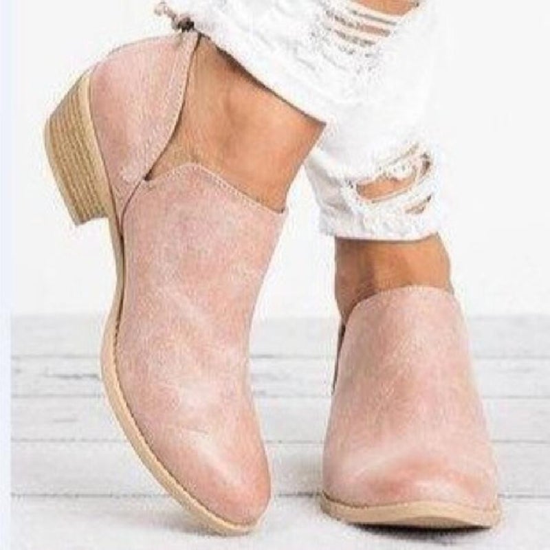 2020 foreign trade autumn and winter new thick heel pointed toe shoes low heel nude boots women's short boots large size women's shoes trend Pink 42 - Image 2