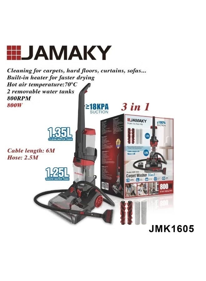 jamaky 3-in-1 Carpet Cleaner 800W – 18KPa Suction for Carpets, Floors & Upholstery - Image 1
