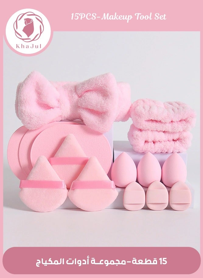 إسكدنيا مجموعة مكونة من 15 قطعة من عصابة الرأس وسوار المعصم لتنظيف الوجه، تتضمن إسفنجات المكياج ومنشفة بودرة الوجه وإسفنجة التجميل للعناية بالبشرة وغسل الوجه، مجموعة هدايا للنساء (وردي) - Image 1