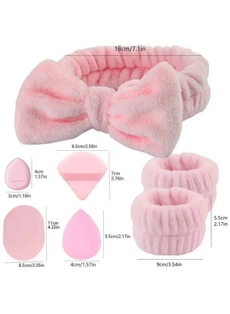 إسكدنيا مجموعة مكونة من 15 قطعة من عصابة الرأس وسوار المعصم لتنظيف الوجه، تتضمن إسفنجات المكياج ومنشفة بودرة الوجه وإسفنجة التجميل للعناية بالبشرة وغسل الوجه، مجموعة هدايا للنساء (وردي) - Image 2