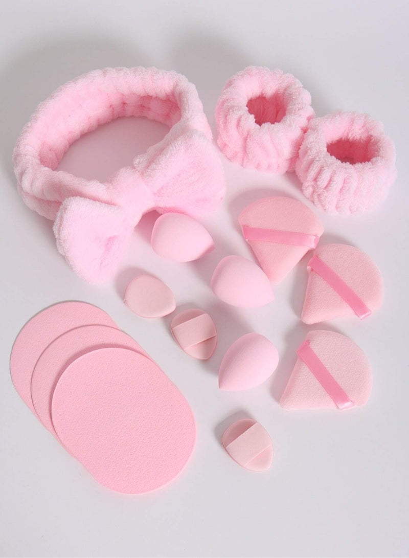 إسكدنيا مجموعة مكونة من 15 قطعة من عصابة الرأس وسوار المعصم لتنظيف الوجه، تتضمن إسفنجات المكياج ومنشفة بودرة الوجه وإسفنجة التجميل للعناية بالبشرة وغسل الوجه، مجموعة هدايا للنساء (وردي) - Image 5