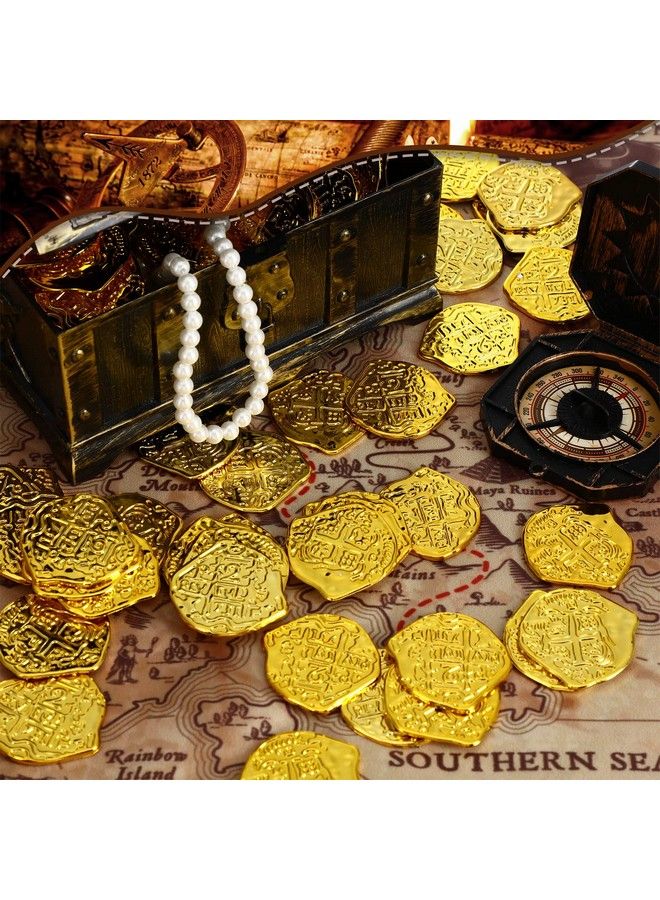 Hanaive 100 Pcs Pirate Coins Plastic Gold Coins Kids Fake Play Coins Replica Spanish Doubloons St. Patrick Coin For Pirate Party Treasure Chest Board Games Tokens Toys Cosplay Gold  - Image 3