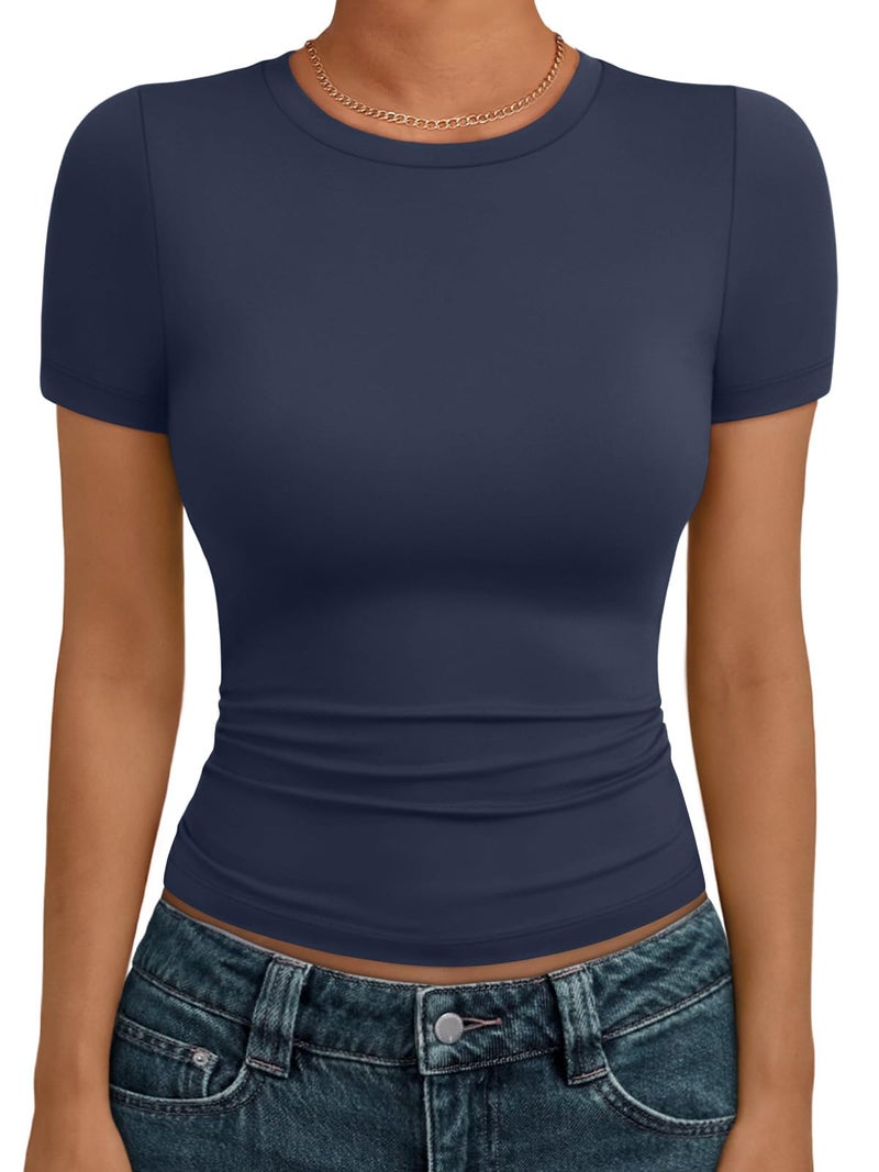 AUTOMET Women's Crew Neck Short Sleeve Summer Basic T-Shirt Stretchy Tight Fitted Soft Going Out Workout Gym Tops Navy S - Image 1