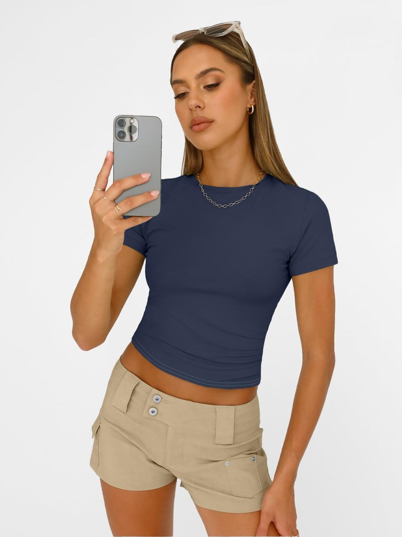 AUTOMET Women's Crew Neck Short Sleeve Summer Basic T-Shirt Stretchy Tight Fitted Soft Going Out Workout Gym Tops Navy S - Image 3