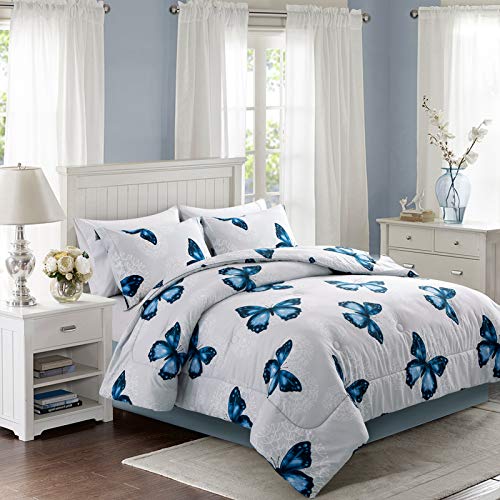 ARTALL Lightweight Microfiber 3 Piece Comforter Set with 2 Shams, Butterfly Pattern Bedding Set, King, Blue - Image 2