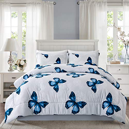 ARTALL Lightweight Microfiber 3 Piece Comforter Set with 2 Shams, Butterfly Pattern Bedding Set, King, Blue - Image 1