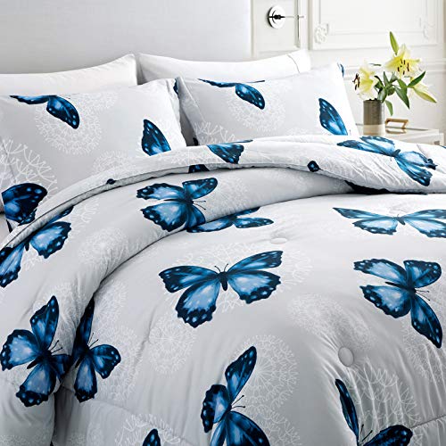 ARTALL Lightweight Microfiber 3 Piece Comforter Set with 2 Shams, Butterfly Pattern Bedding Set, King, Blue - Image 3
