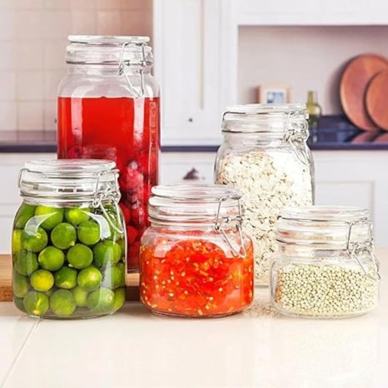 "R.Homy 5-Piece Glass Jar Set with Airtight Clamp Lids, Multi-Size Kitchen Food Storage Containers, Ideal for Coffee, Sugar, Pasta, Cereal, Preserving & Canning, Clear Glass Canisters"