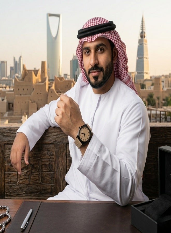 صبر ساعة عربية رجالية – ساعة يد كوارتز مع عرض التاريخ، أرقام عربية شرقية، هيكل من سبائك معدنية، سوار سيليكون مع مشبك مغناطيسي، مقاومة للماء 3ATM، زجاج معدني، هدية أنيقة لمحبي الساعات العربية - Image 2