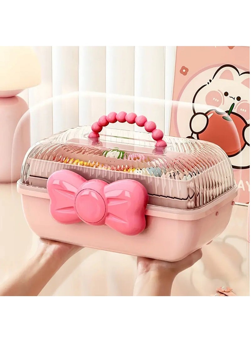 Hihonor Cute Girls Hair Accessories Storage Box Bow Switch Organizer Box Jewelry Box, Plastic Hair Ties Holder Hair Clips Container Storage Box for Home, School, Office(Pink) - Image 1
