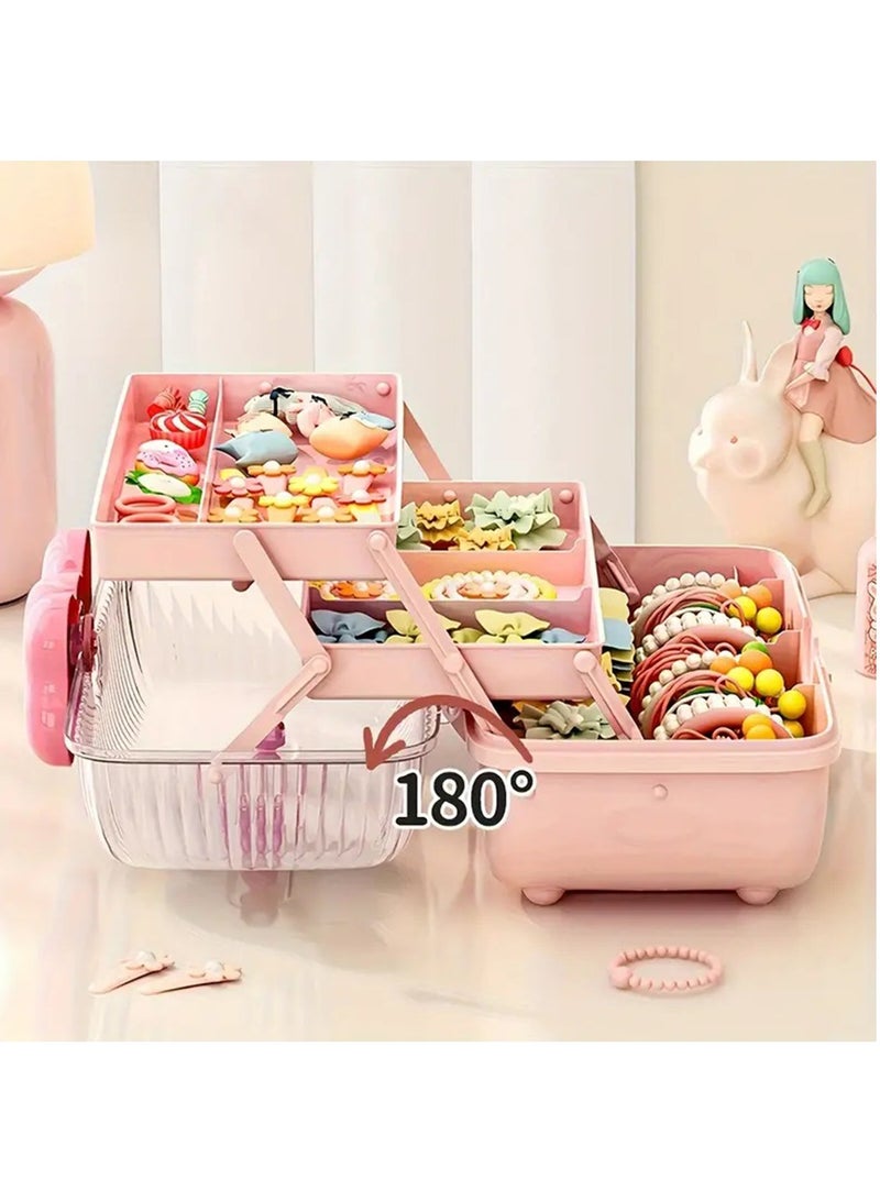 Hihonor Cute Girls Hair Accessories Storage Box Bow Switch Organizer Box Jewelry Box, Plastic Hair Ties Holder Hair Clips Container Storage Box for Home, School, Office(Pink) - Image 2