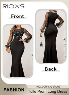 RIOXS Womens Dotted Puff Sleeves Dress, Tulle Prom Long Dress, Bodycon Dress Mermaid Evening Party Gown, Round Neck High Waist Slimming Dress For Formal Occasions, Stunning Women's Dotted Long Dress  - Image 4
