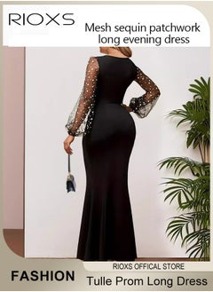 RIOXS Womens Dotted Puff Sleeves Dress, Tulle Prom Long Dress, Bodycon Dress Mermaid Evening Party Gown, Round Neck High Waist Slimming Dress For Formal Occasions, Stunning Women's Dotted Long Dress  - Image 3
