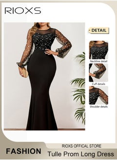 RIOXS Womens Dotted Puff Sleeves Dress, Tulle Prom Long Dress, Bodycon Dress Mermaid Evening Party Gown, Round Neck High Waist Slimming Dress For Formal Occasions, Stunning Women's Dotted Long Dress  - Image 5