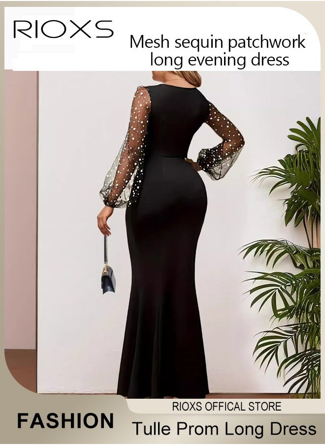 RIOXS Womens Dotted Puff Sleeves Dress, Tulle Prom Long Dress, Bodycon Dress Mermaid Evening Party Gown, Round Neck High Waist Slimming Dress For Formal Occasions, Stunning Women's Dotted Long Dress  - Image 3
