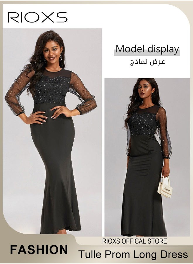RIOXS Womens Dotted Puff Sleeves Dress, Tulle Prom Long Dress, Bodycon Dress Mermaid Evening Party Gown, Round Neck High Waist Slimming Dress For Formal Occasions, Stunning Women's Dotted Long Dress  - Image 2