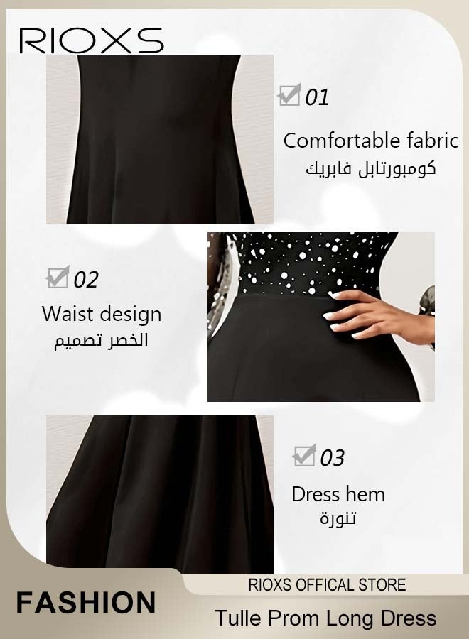 ريوكس فستان سهرة نسائي ضيق بأكمام طويلة ومزين بالترتر، فستان ماكسي حورية البحر من التول الخفيف القابل للتنفس، فستان طويل أنيق برقبة مستديرة وخصر عالٍ لتنحيف الجسم، فستان سهرة حورية البحر شبكي بأكمام طويلة، مناسب لحفلات الزفاف والحفلات والكوكتيلات ووصيفات العروس والمناسبات الرسمية، أسود - Image 5