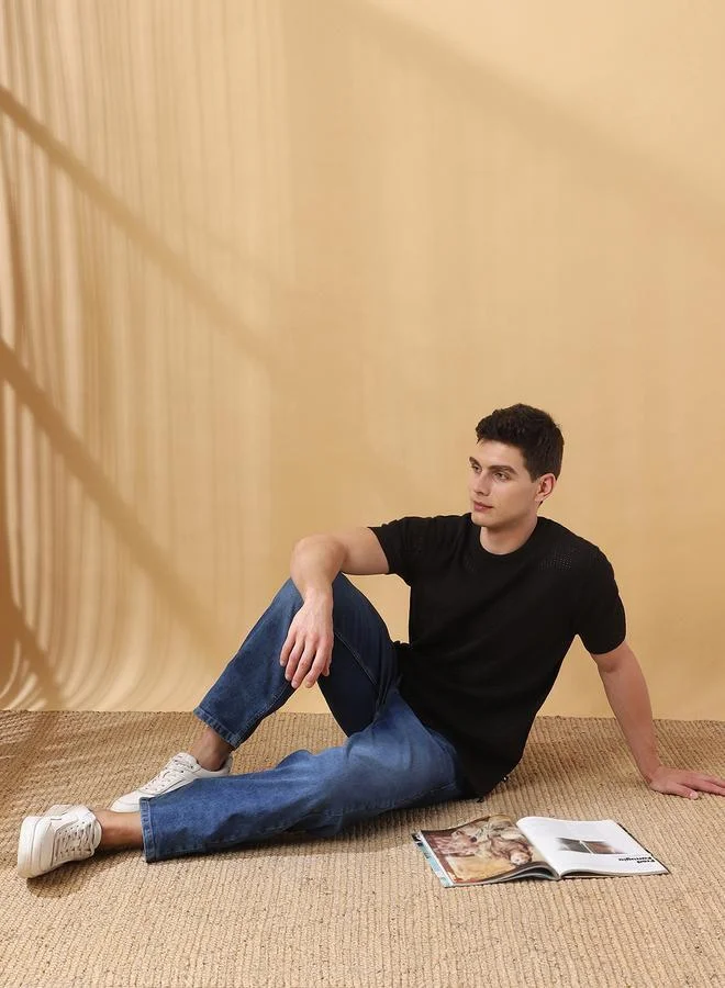 Dennis Lingo Men's Black Flat Knit Textured Regular Fit T-Shirt