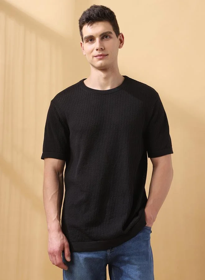 Men's Black Flat Knit Textured Regular Fit T-Shirt