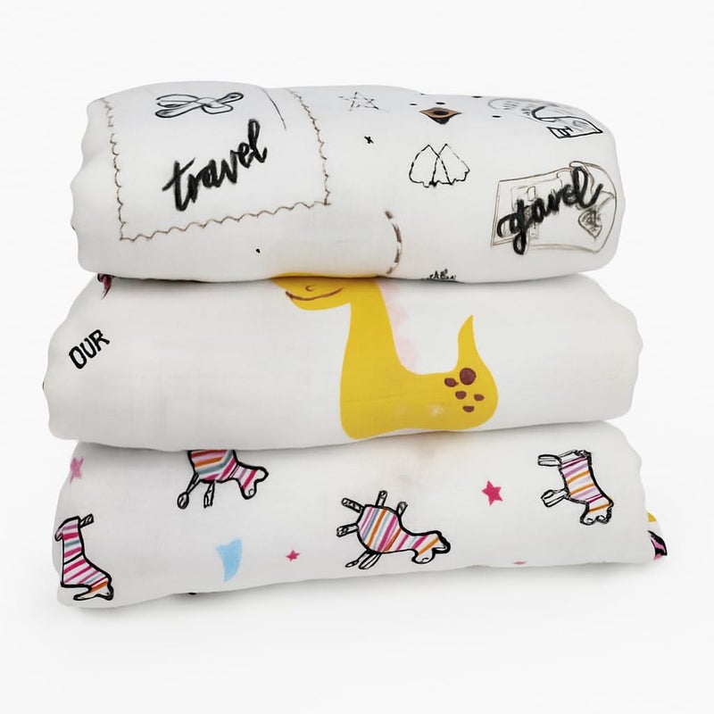 Firstblow 100% Cotton Muslin Baby Swaddle Set, Pack of 3, Muslin Cotton swaddling wrap for New Born Baby, New Born Swaddle, New Born Soft Blanket, Towel | Size-110cm x 100cm (43"x39") - Image 1