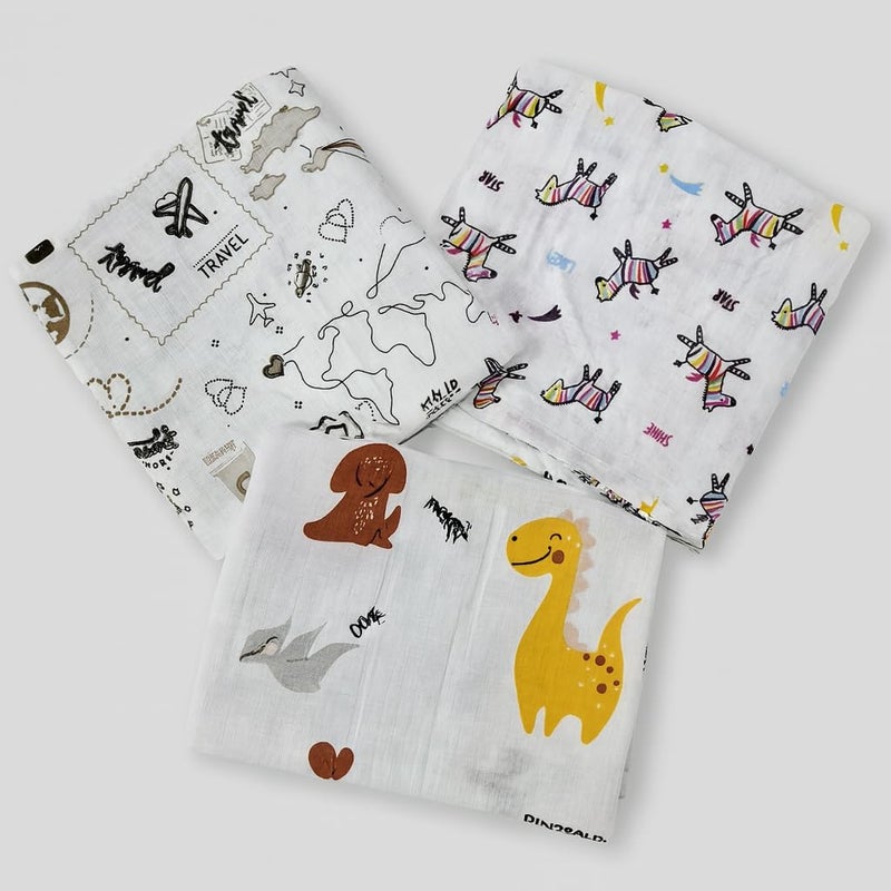 Firstblow 100% Cotton Muslin Baby Swaddle Set, Pack of 3, Muslin Cotton swaddling wrap for New Born Baby, New Born Swaddle, New Born Soft Blanket, Towel | Size-110cm x 100cm (43"x39") - Image 2