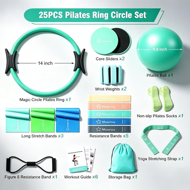 Muuruu Pilates Equipment Kit for Home Workout - 14'' Magic Circle Set with Resistance Bands, Weights, and Accessories - Image 2