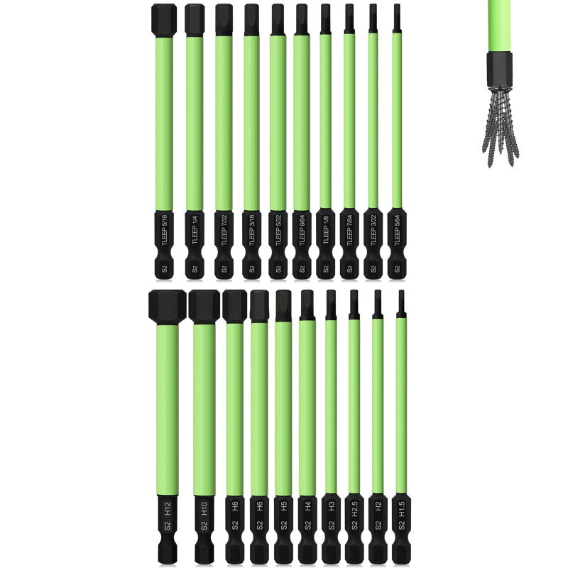 TLEEP 20 x 14 100MM Long Allen Wrench Drill Bits 15MM to 12MM 564 to 516 Hex Head Allen Bit Set S2 Steel Magnetic Tips Screwdriver Set for Ikea Type Furniture SAE Metric Hex Bit Set