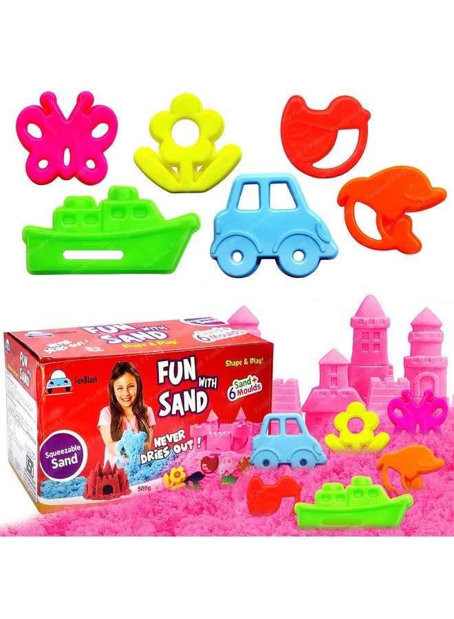 FunBlast Creative Sand for Kids - Natural Kinetic Sand Kit with Moulds for Kids Activity Toys, Soft Sand Clay Toys with Moulds for Kids, Boys, Girls (500 Gm Sand & 6 Pcs Mould) Pink - Image 1