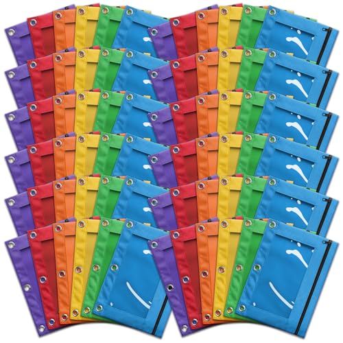 V-Opitos 72 Packs Pencil Pouch for 3 Ring Binder, Bulk 3-Holes Zipper Pencil Pouches in Assorted Colors, Sturdy and Durable Cloth Pencil Case with Clear Window for Office School College Supplies - Image 1