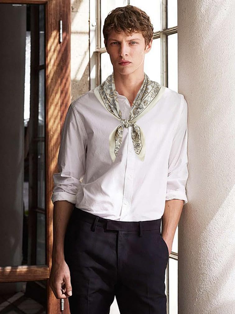 GERINLY وشاح مربع من الحرير العتيق للرجال باندانا ساتان بنمط مطبوع صغير وشاح عنق هندسي وشاح رأس موضة - Image 3