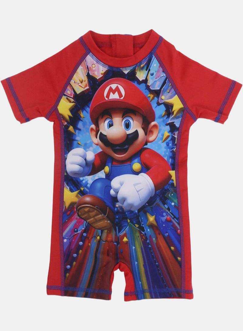 Boys Sunsuit One-Piece – Red with Super-Mario Print