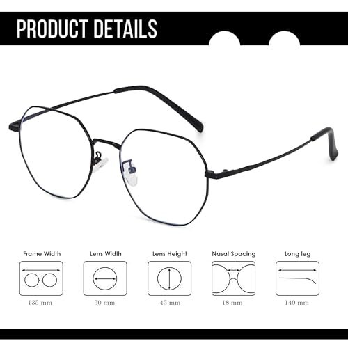 Dervin Zero Power Computer Bluelight Blocking Glasses For Men and Women | Blue Cut Computer Glasses | Full Rim Hexagon Shape Glasses | Anti Glare, Lightweight & Blocks Harmful Rays (Black) - Image 5