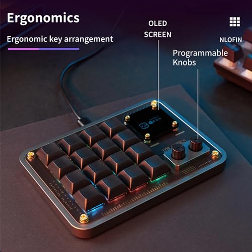 NLOFIN Double Knob Custom Macro Pad Programmable Designer Mini Keyboard 16 Keys with Screen GreyKB16 - Image 3