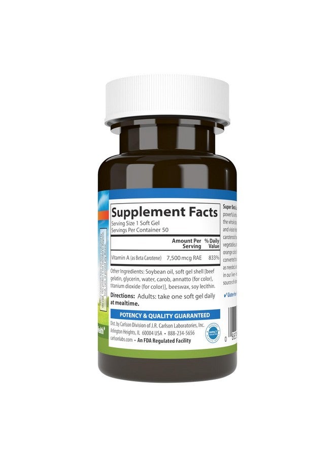 Carlson كارلسون - سوبر بيتا كاروتين، 25000 وحدة دولية (15 ملغ)، فيتامين أ على شكل بيتا كاروتين، متاح حيوياً ونشط حيوياً، صحة الرؤية، بشرة صحية، 50 كبسولة لينة - Image 2