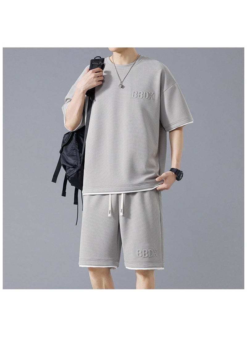 Large Size Fashionable Men's Minimalist Embossed Casual Short Sleeved Sports Set  - Image 1