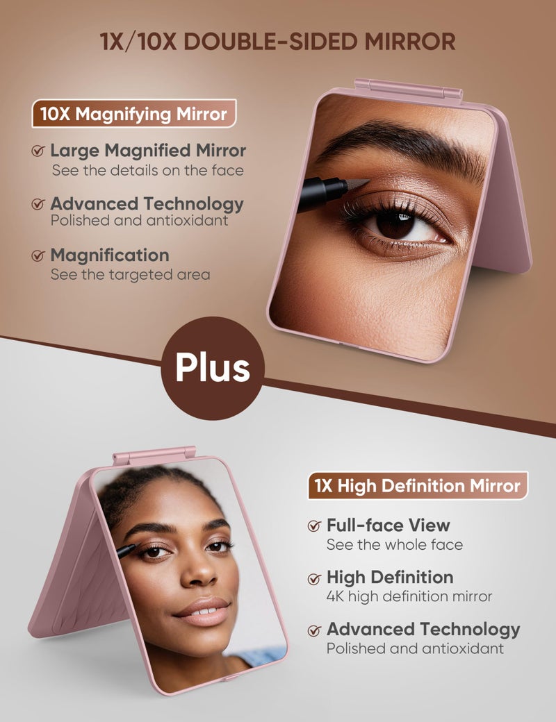 klarh Travel Makeup Mirror with 1X/10X Magnifying, Portable Folding Make Up Tabletop Mirror for Office, Compact Vanity Mirror for Travel (Rose Pink, No LED Lights) - Image 2