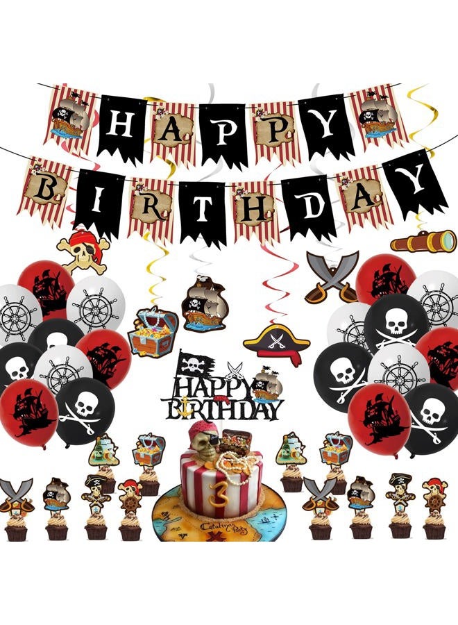 Jcoos GOGOPARTY Birthday Decorations - Pirate Party Decorations Pirate Birthday Decorations for Men, Boys, Kids, Him, Happy Birthday Banner Balloons Cake Toppers Hanging Swirls Pirate Themed Party Supplies - Image 1