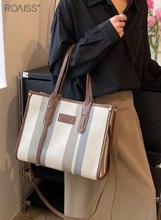 Women's Contrasting Texture Canvas Tote Bag Pu Leather Stitching Large Capacity Shoulder Bag Multi Pocket Adjustable Shoulder Strap Handbag
