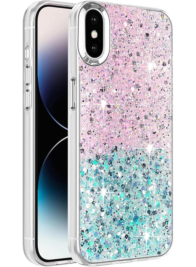 Compatible with iPhone XS Max Case, Clear Glitter Bling Sparkly, Soft TPU Frame Bumper, Hard-Back Cover for Women & Girls, Transparent Protective Phone Case (Pink Green) - Image 1