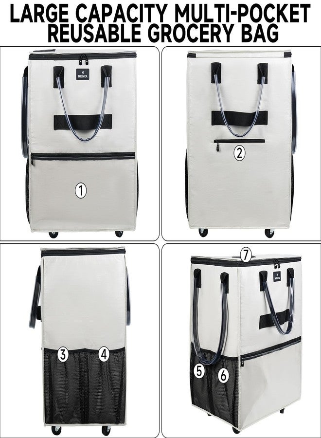 MRINCA Reusable Grocery Bag On Wheels, 70L Foldable Rolling Tote with 6 Pockets & 3-Way Carry, Heavy Duty Handles, Zippered Top for Groceries, Laundry, Storage, Medium, Beige - Image 3