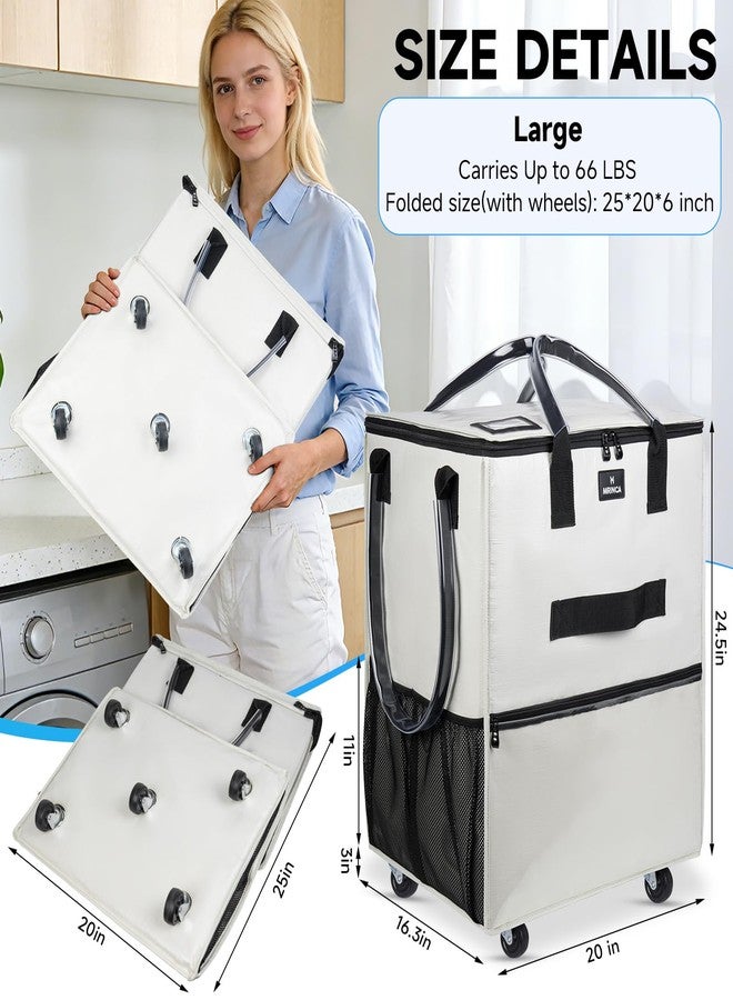 MRINCA Reusable Grocery Bag On Wheels, 70L Foldable Rolling Tote with 6 Pockets & 3-Way Carry, Heavy Duty Handles, Zippered Top for Groceries, Laundry, Storage, Medium, Beige - Image 2