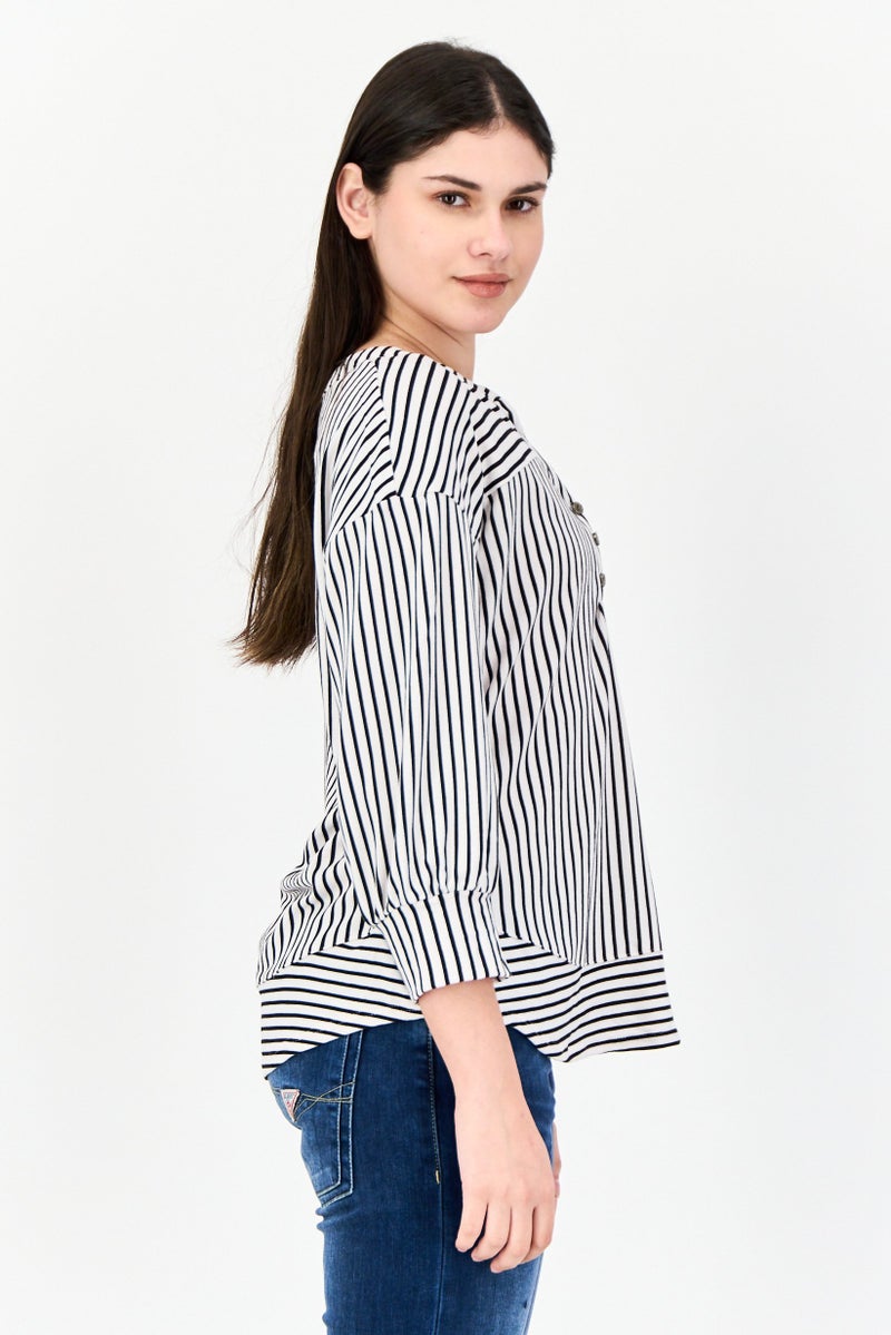 ADRIENNE VITTADINI Women Split Neck 3/4 Sleeve Stripe Blouse, Multicolor - Image 2