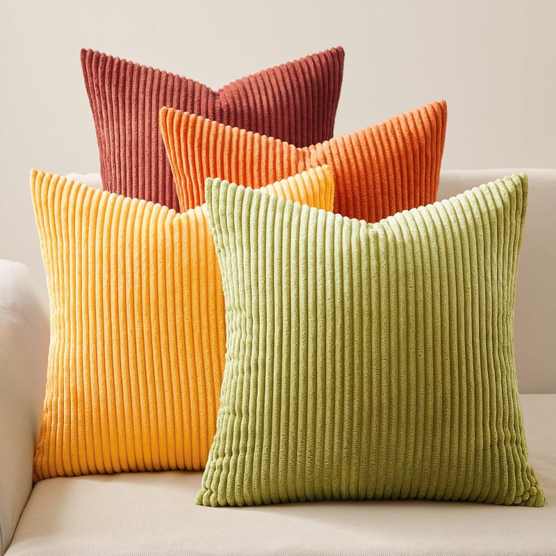 Topfinel Fall Burnt Orange Decorative Throw Pillows Covers 18x18 Inch Set of 4,Yellow Green Gradient Series Corduroy Striped Square Pillow Case,Western Modern Cushion Cover for Couch Sofa Bedroom - Image 1