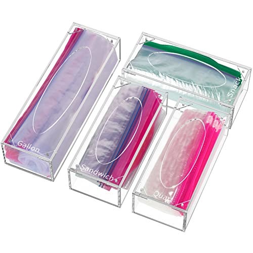 FEMELI Food Bag Storage Organizer, Acrylic Kitchen Drawer Baggie Box, Compatible with Gallon, Slider Quart, Freezer, Sandwich, Snack, Variety Size Bags, 4 separate Pack(Clear) - Image 1