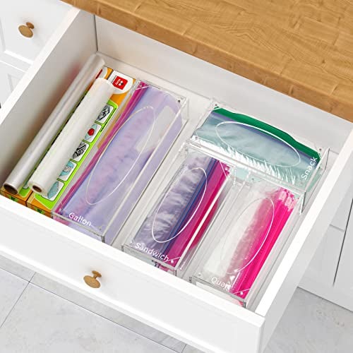 FEMELI Food Bag Storage Organizer, Acrylic Kitchen Drawer Baggie Box, Compatible with Gallon, Slider Quart, Freezer, Sandwich, Snack, Variety Size Bags, 4 separate Pack(Clear) - Image 4