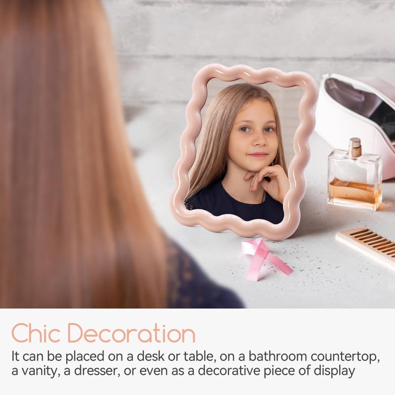 Philbinden Cute Wave-Shaped Desk Vanity Makeup Mirror, Portable Folding Travel Makeup Mirror for Standing/Hanging, Home Decorations for Women Girls (1, Pink) - Image 5