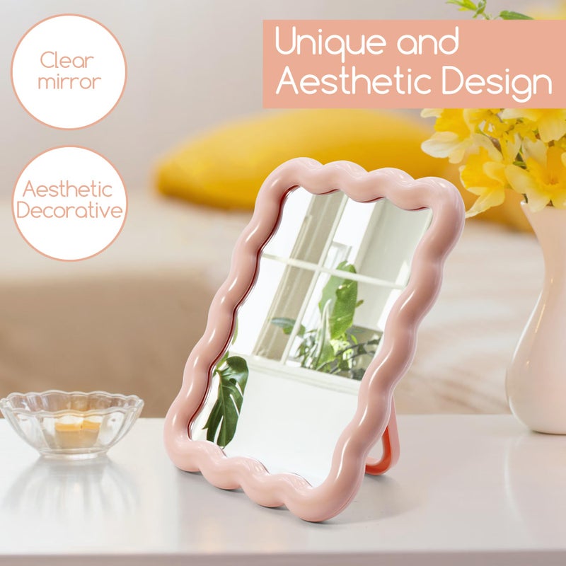 Philbinden Cute Wave-Shaped Desk Vanity Makeup Mirror, Portable Folding Travel Makeup Mirror for Standing/Hanging, Home Decorations for Women Girls (1, Pink) - Image 4
